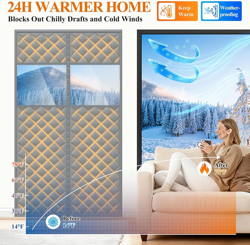 MAGZO Magnetic Thermal Insulated Door Curtain with Perspective Window, Fits 36" x 80" Door, Made of Oxford&Cotton, Insulation Cover Blanket for Winter/Sliding Glass/Patio Doors, Keep Cold Out, Grey - Image 3